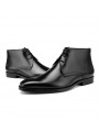 Black leather lace-up ankle boots with straight toe, low heel and three eyelets.