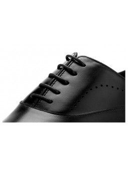 Black leather Oxford shoes with laces, perforated details, gradient effect, almond toe and low heel.