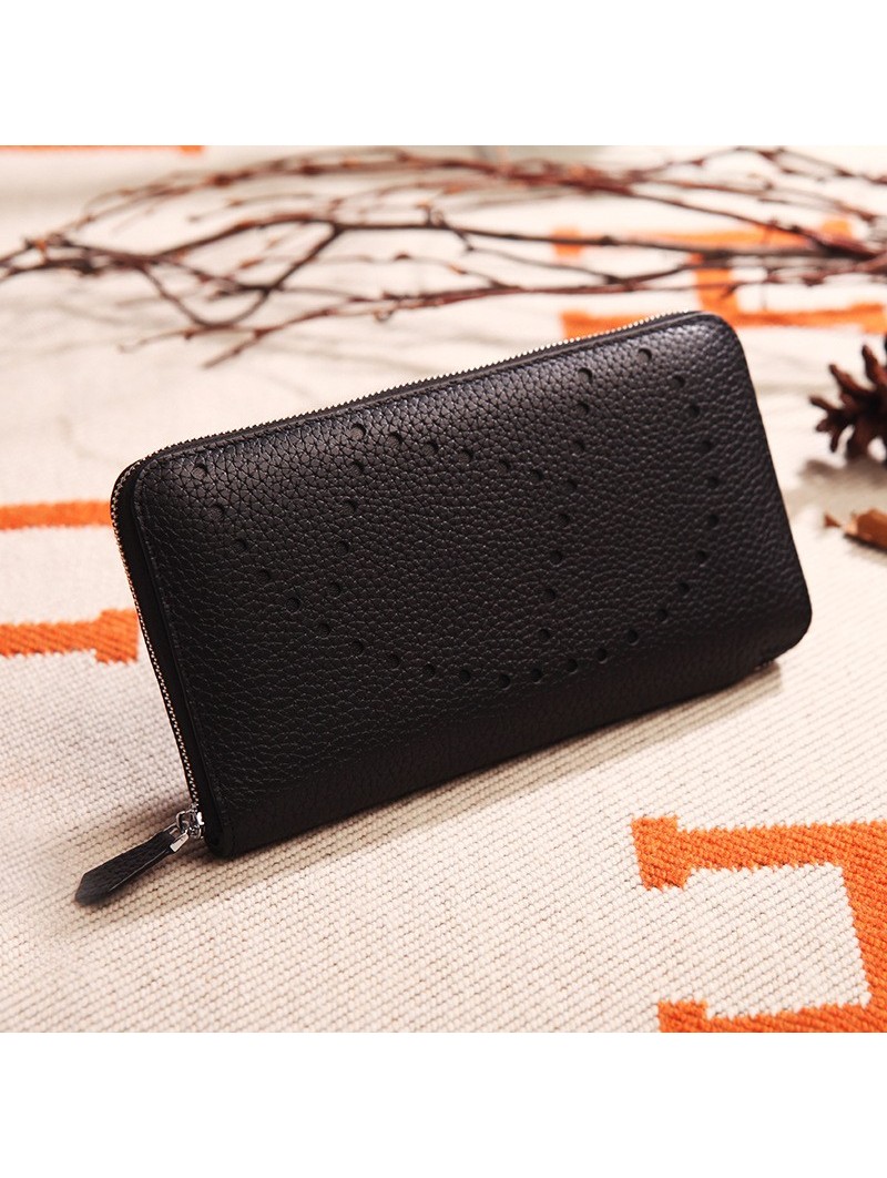 Black perforated grained leather wallet with two compartments, card slots, check and bill holders