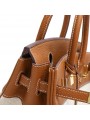 Brown leather and canvas handbag with a lock, rounded handles, and a leather strap closure with a gold-tone clasp.