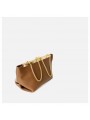 Brown leather clutch with a gold-tone frame and clip closure. Gold chain for hand or shoulder carry.