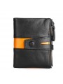 Small men's bi-color cowhide leather wallet in black, double zipper closure, small strap, and snap button.