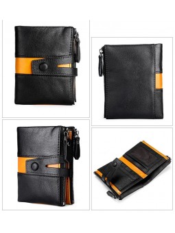 Small men's bi-color cowhide leather wallet in black, double zipper closure, small strap, and snap button.