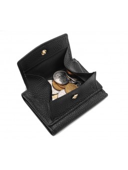 Mini monedero de mujer en cuero granulado negro, acabado dorado.