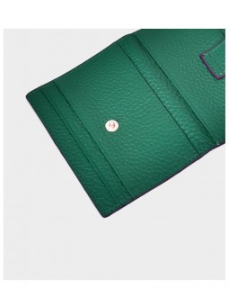 Mini grained leather wallet green, minimalist design, two compartments with card slots, bill compartment, gold finish.
