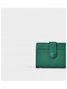 Mini grained leather wallet green, minimalist design, two compartments with card slots, bill compartment, gold finish.