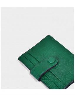 Mini grained leather wallet green, minimalist design, two compartments with card slots, bill compartment, gold finish.