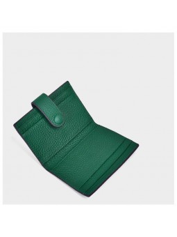 Mini grained leather wallet green, minimalist design, two compartments with card slots, bill compartment, gold finish.