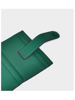 Mini grained leather wallet green, minimalist design, two compartments with card slots, bill compartment, gold finish.
