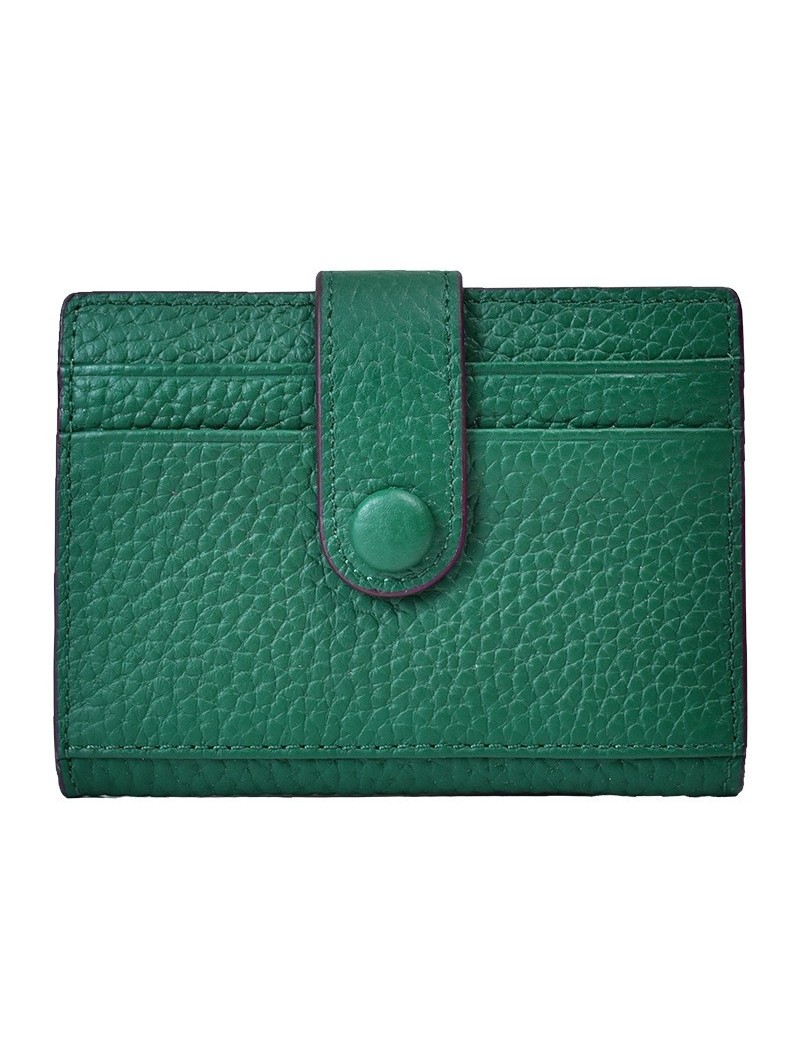 Mini grained leather wallet green, minimalist design, two compartments with card slots, bill compartment, gold finish.