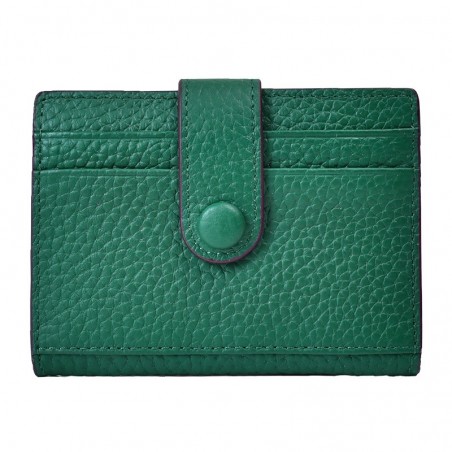 Mini grained leather wallet green, minimalist design, two compartments with card slots, bill compartment, gold finish.