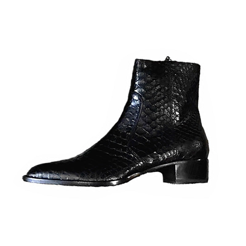 Bottes Chelsea noires en cuir effet serpent avec fermeture éclair latérale et bout amande.