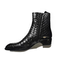Bottes Chelsea noires en cuir effet serpent avec fermeture éclair latérale et bout amande, vue de coté