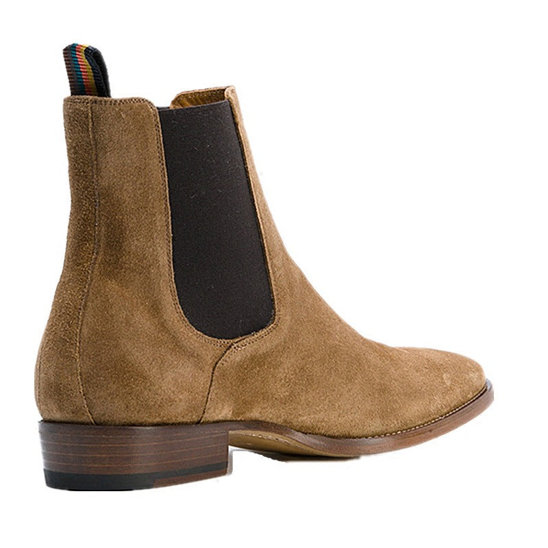 Bottes Chelsea pour homme en suède marron avec bout amande et fermeture élastique latérale, vue latéral