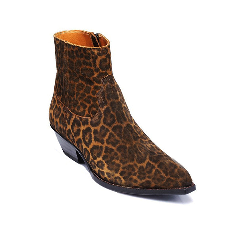 Bottes léopard en cuir véritable à bout pointu avec fermeture éclair extérieure, vue latéral