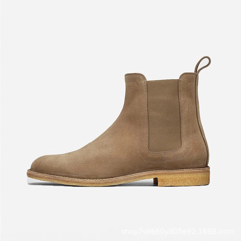  Bottes pour homme en cuir de daim véritable à bout rond, coloris chameau, vue de coté gauche