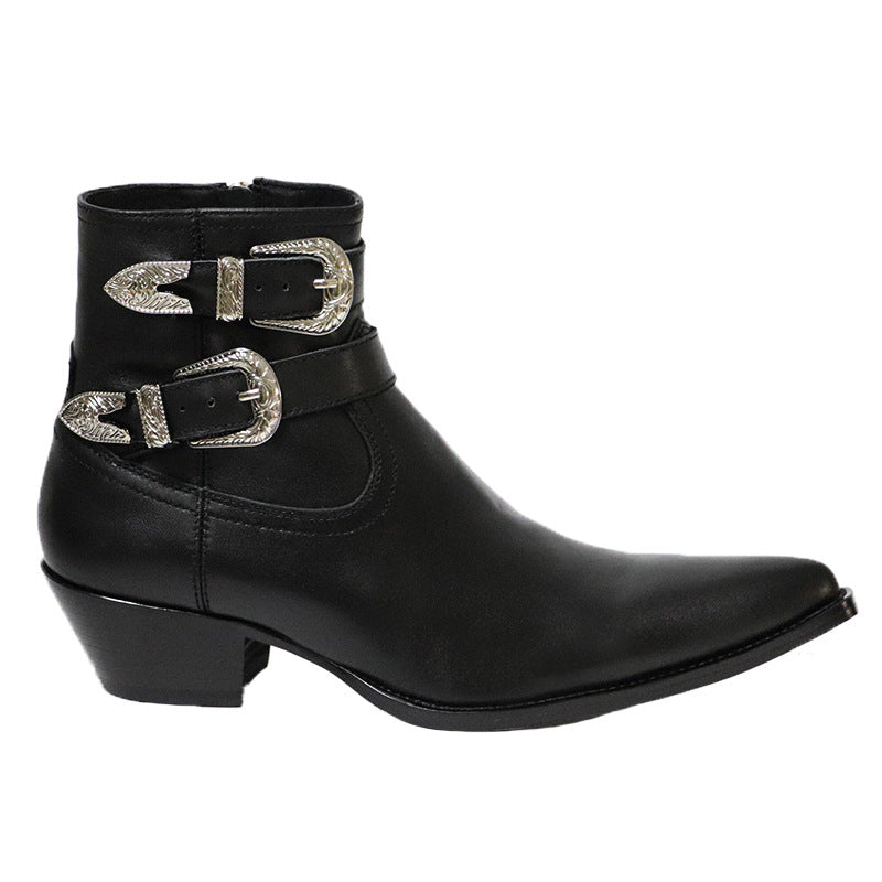 Bottes western noir à bout pointu en cuir vachette deux sangles avec boucles métalliques, vue de coté