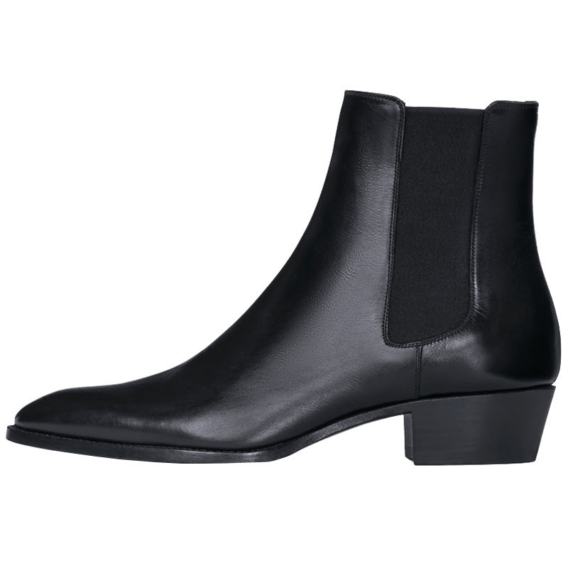  Bottines Chelsea Noir en Cuir Véritable avec Talon Carré, vue de coté