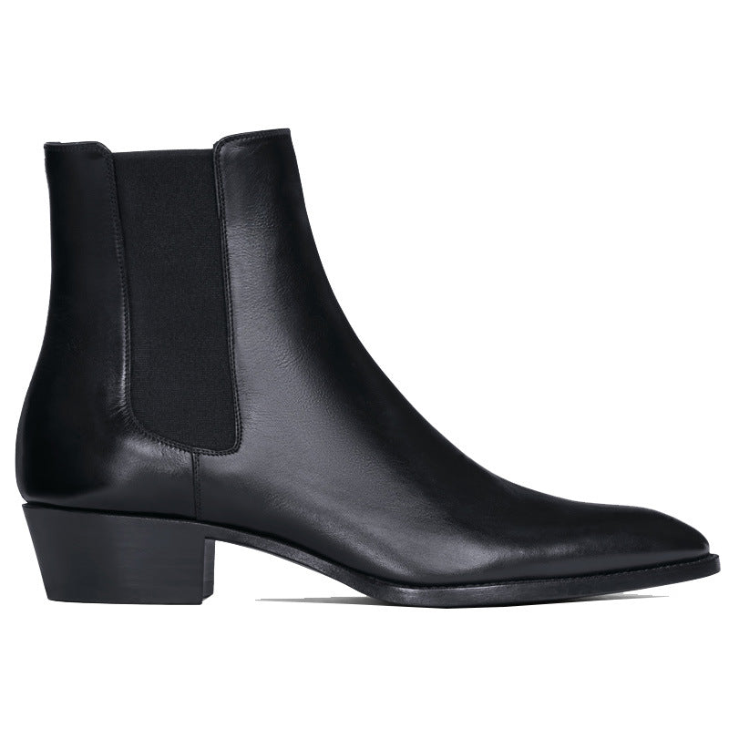  Bottines Chelsea Noir en Cuir Véritable avec Talon Carré, vue de coté.