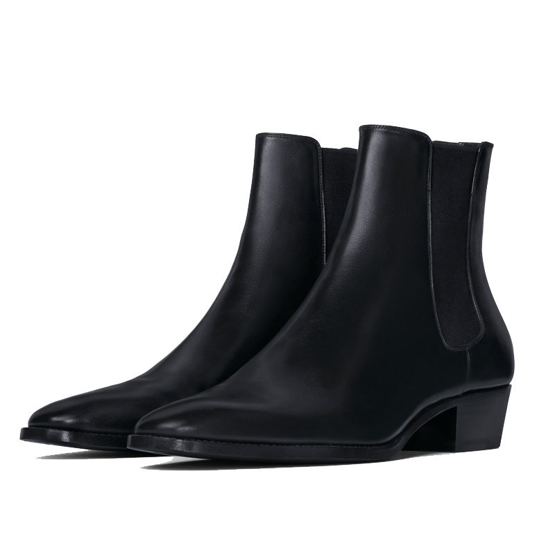  Bottines Chelsea Noir en Cuir Véritable avec Talon Carré, vue latéral