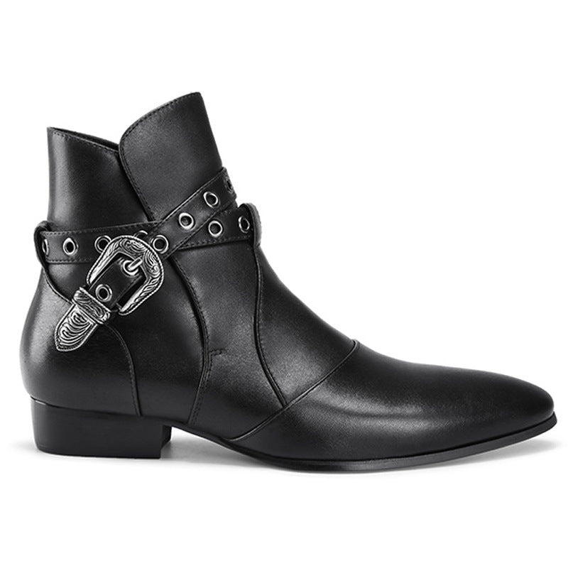  Bottines western en cuir lisse vachette véritable avec une sangle et bout pointu, vue de coté