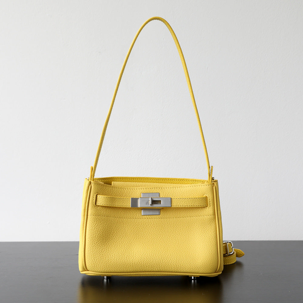 Sac Kelly bandoulière en cuir véritable, finition lisse, coloris jaune – vue frontale