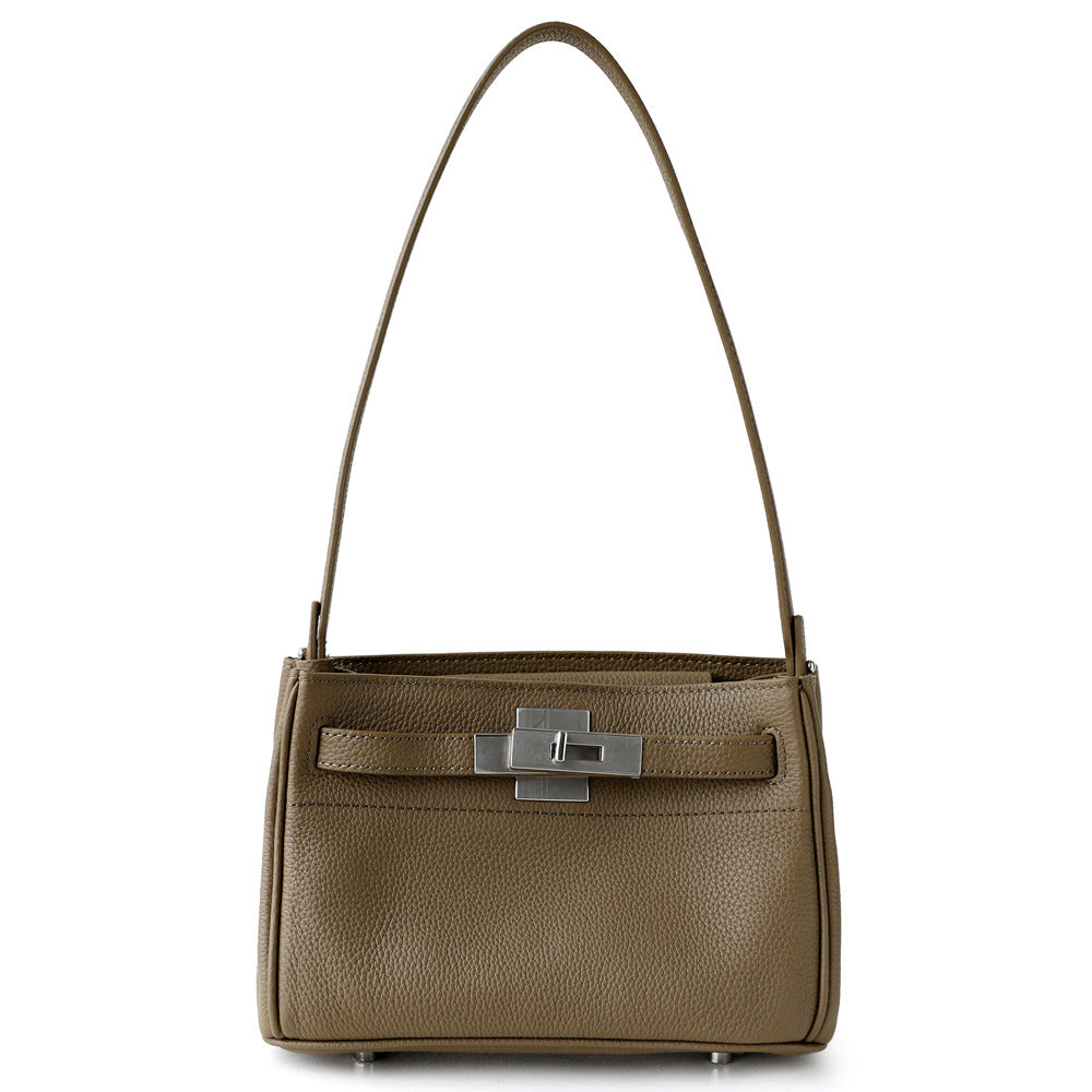 Sac Kelly bandoulière en cuir véritable, finition lisse, coloris kaki – vue frontale