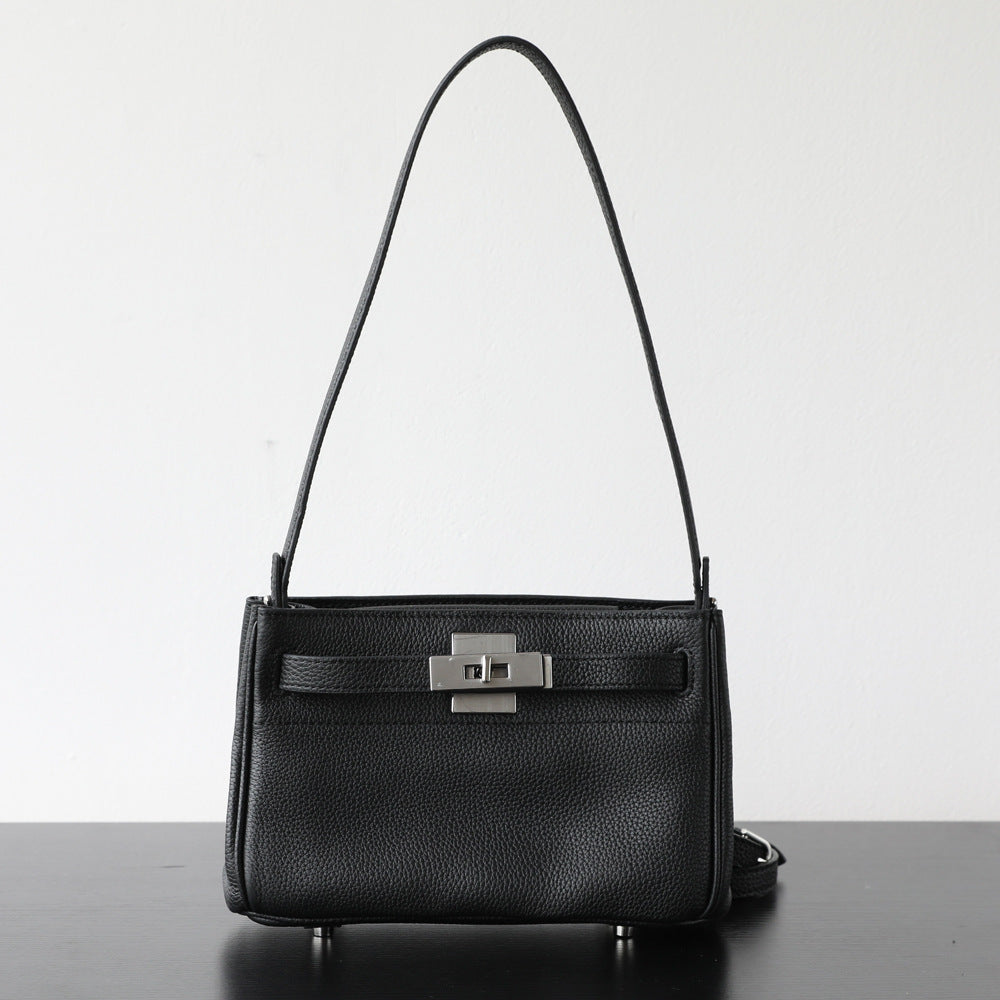 Sac Kelly bandoulière en cuir véritable, finition lisse, coloris noir– vue frontale