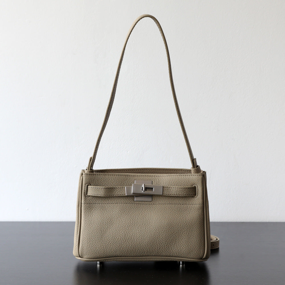 Sac Kelly bandoulière en cuir véritable, finition lisse, coloris gris clair – vue frontale
