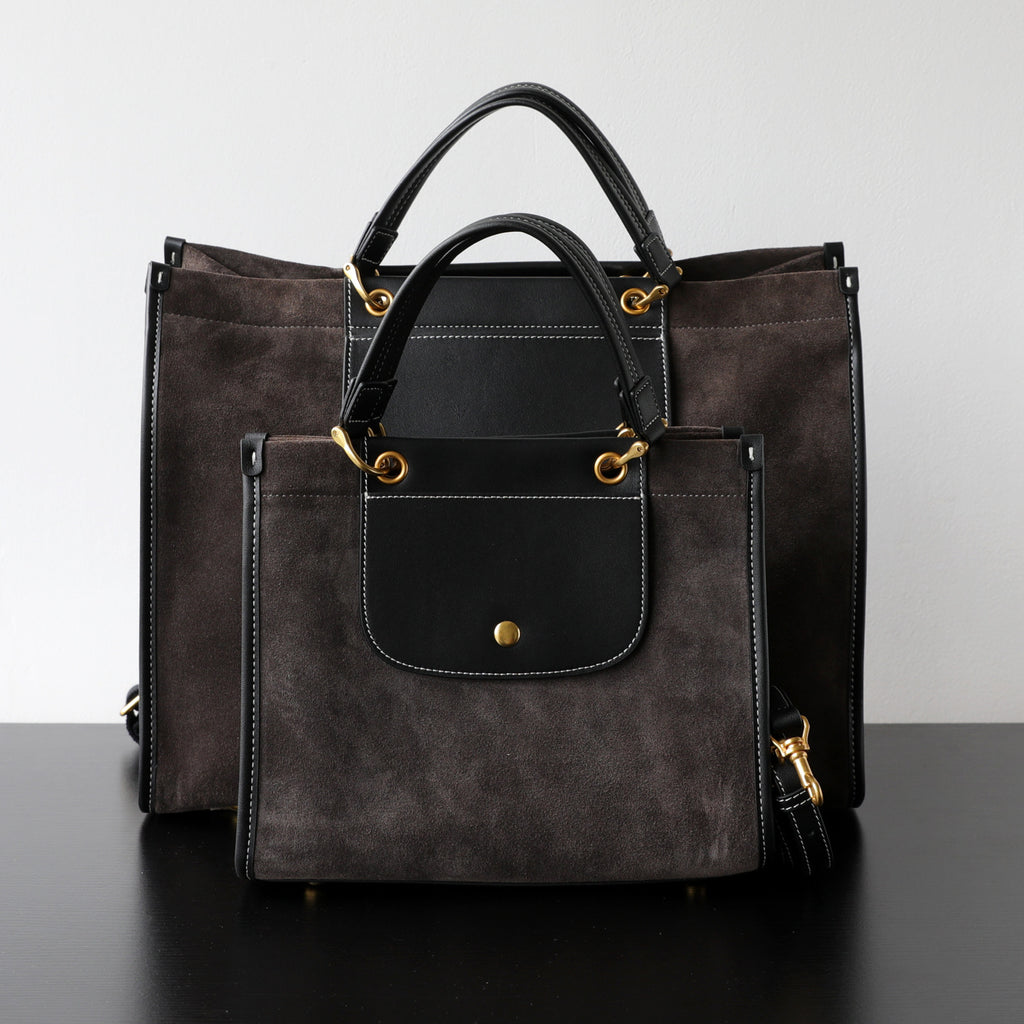 Sac cabas en daim femme, tailles petit et grand, tailles petit et grand, coloris brun foncé,  vue frontale