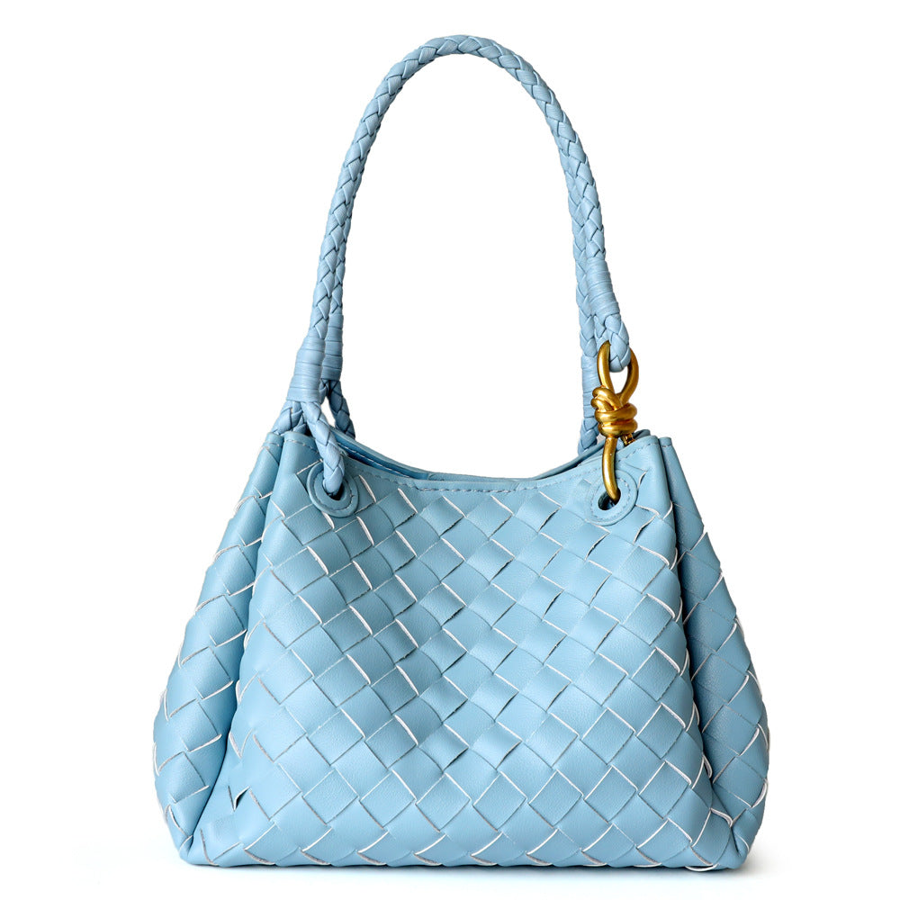 Sac à main en cuir en vachette tressé pour femme, coloris bleu ciel, vue frontale