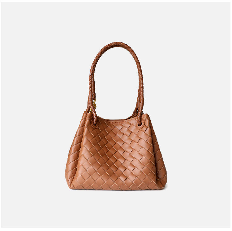 Sac à main en cuir en vachette tressé pour femme, coloris caramel, vue de dos