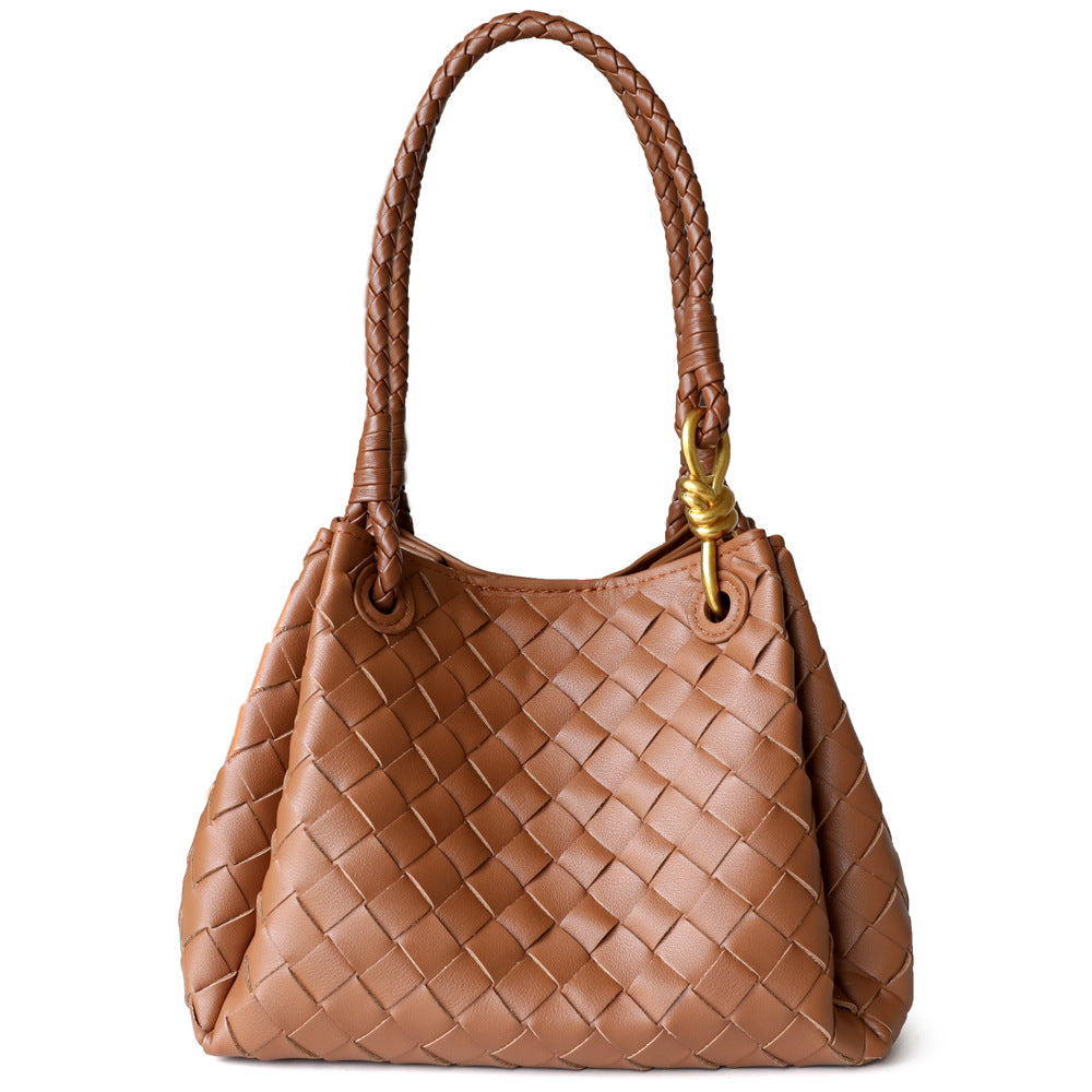 Sac à main en cuir en vachette tressé pour femme, coloris caramel, vue frontale