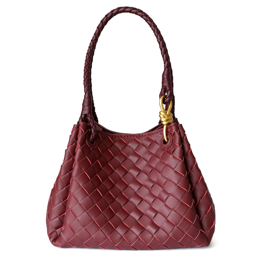 Sac à main en cuir en vachette tressé pour femme, coloris rouge vin, vue frontale
