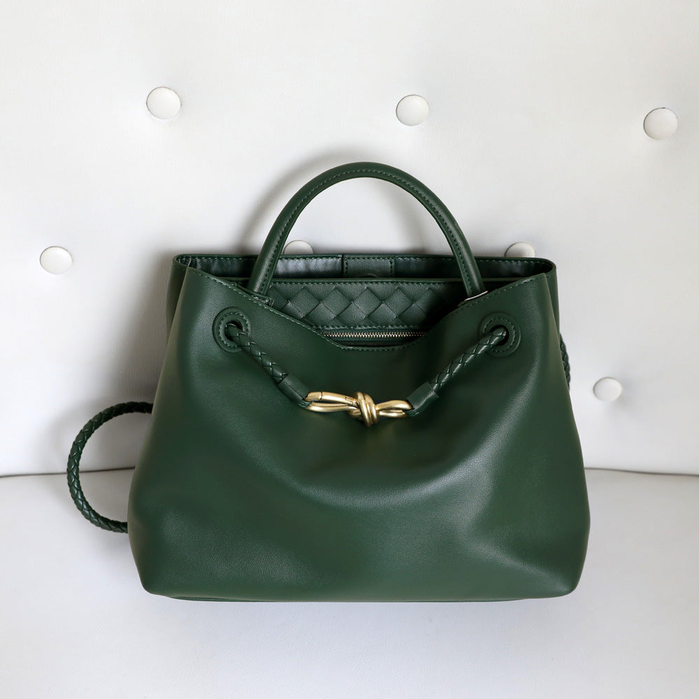 Sac à main femme en cuir de vachette – Grand sac cabas intemporel, taille petits, coloris vert foncé, vue frontale