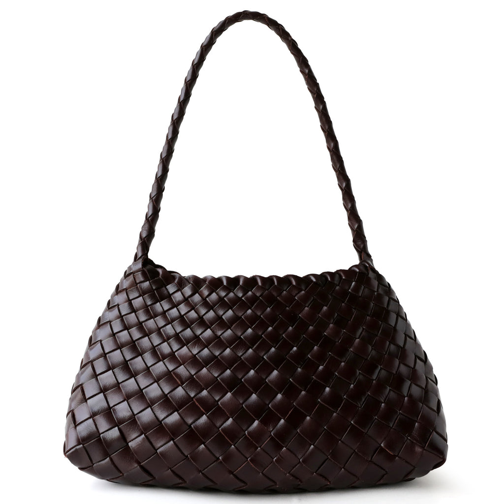 Sac à main femme en cuir véritable, sac en cuir tressé pleine fleur, coloris marron foncé – design élégant vue frontale