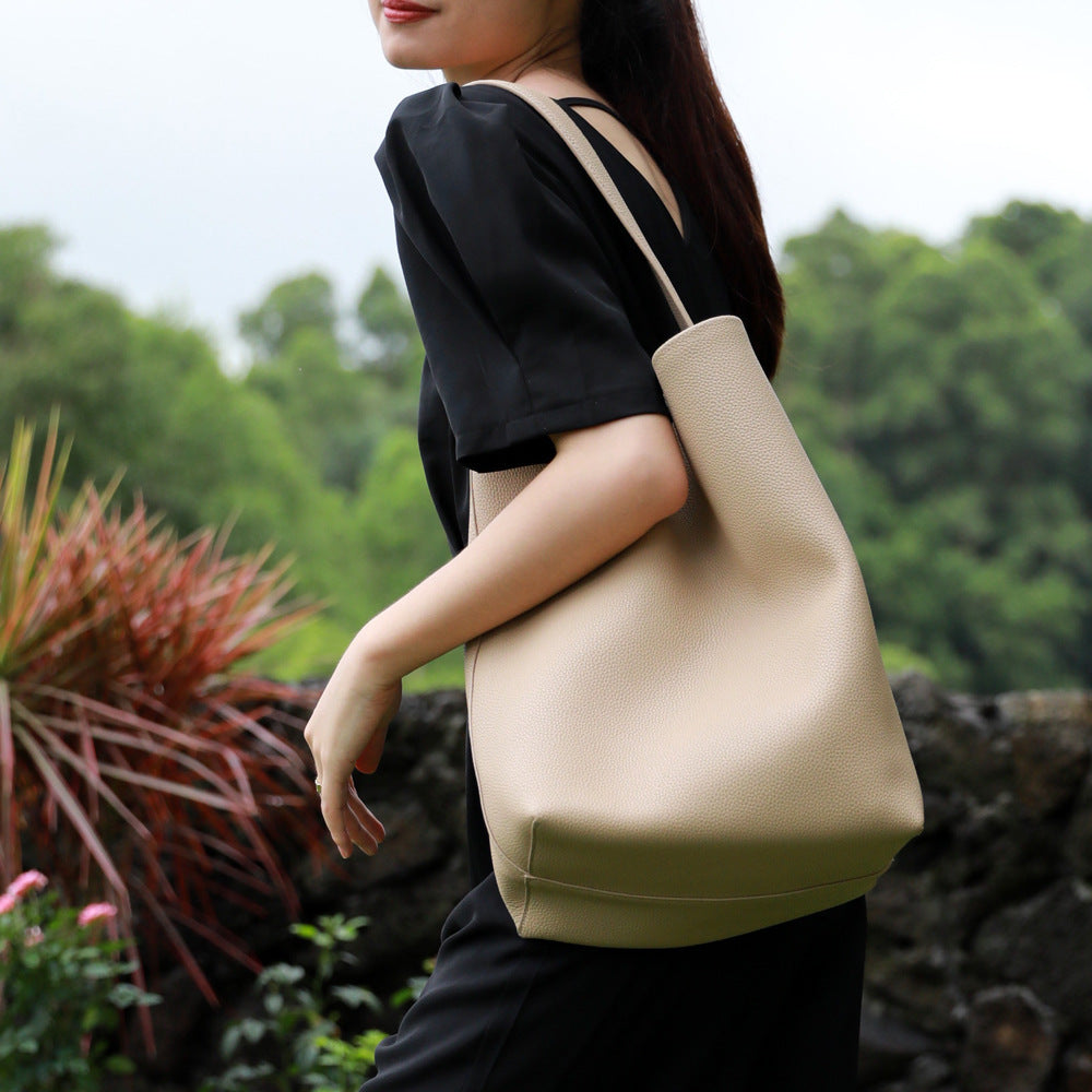 Sac seau en cuir pour femme – Grande capacité, coloris beige, vue frontale