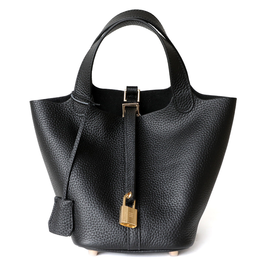 Sac seau en cuir véritable, grande capacité, coloris noir, vue frontale