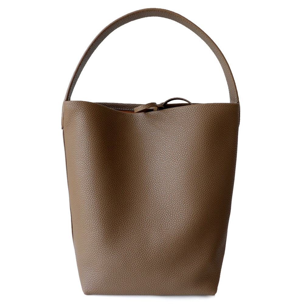 Sac seau en cuir véritable pour femme – Grande capacité, coloris brun foncé ,vue frontale